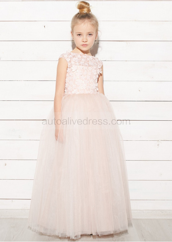 Blush Pink Lace Tulle 3D Flowers Floor Lnegth Flower Girl Dress